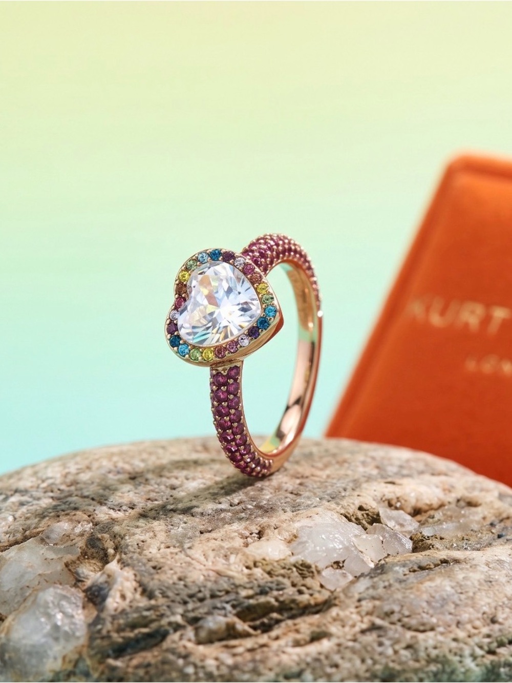 Kurt Geiger Rose Gold Heart Ring with Pink Pavé and Rainbow Halo